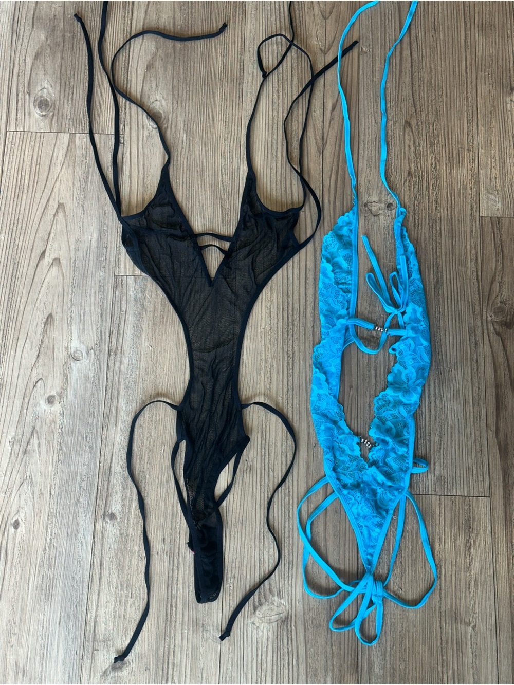 Sheer Lace Plunge Bodysuits in Black and Bright Blue